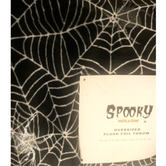 Halloween Spider Web Plush Throw Black White with Foil Silver Spiders - Picture 3 of 3